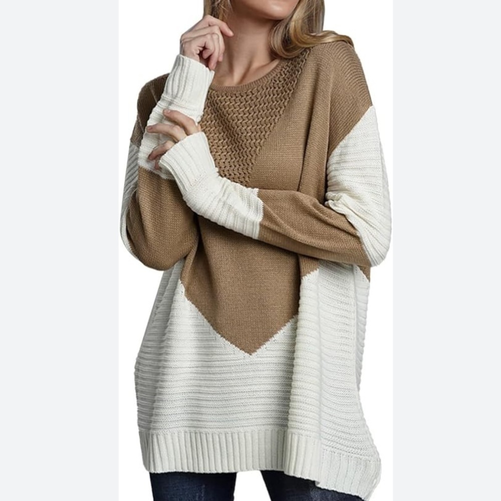 Tunic sweater fashion large acrylic soft tan & white pullover